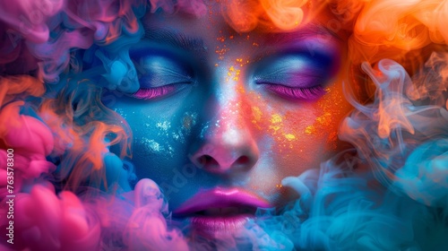 A woman with colorful makeup and hair is surrounded by smoke, AI © starush