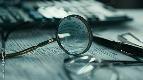 Magnifying glass over financial documents. Close-up of financial analysis. Business and finance concept