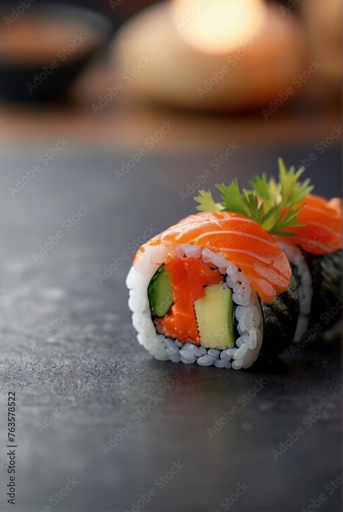 Close-up of sushi, on a wooden table, background blurred with bokeh Close-up of sushi, on a wooden table, background blurred with bokeh