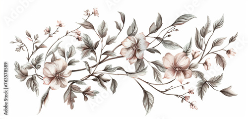 A sprawling vine with leaves and flowers, intricately drawn in olive and blush pink inks, lush and inviting, isolated on white background