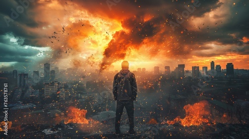 A man standing in front of a city with fire and smoke, AI