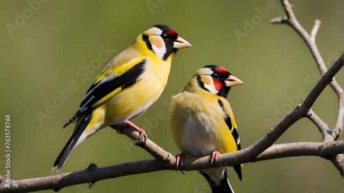 A pair of goldfinches basking in the sunlight, their feathers gleaming as they hop from branch to branch. © Mr.Amjad