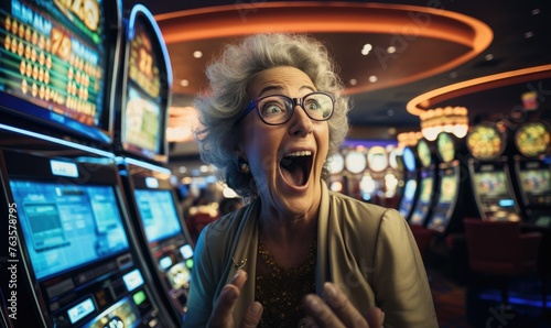 A shocked surprised woman after winning a slot machine at a casino © piai