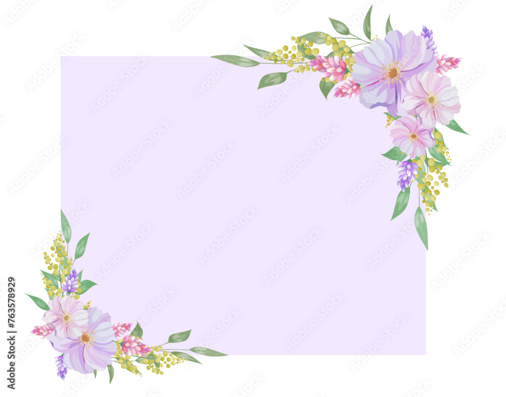 Botanical rectangle frame and border of spring flower and leaf. Yellow, pink and purple wild flowers vector illustration.