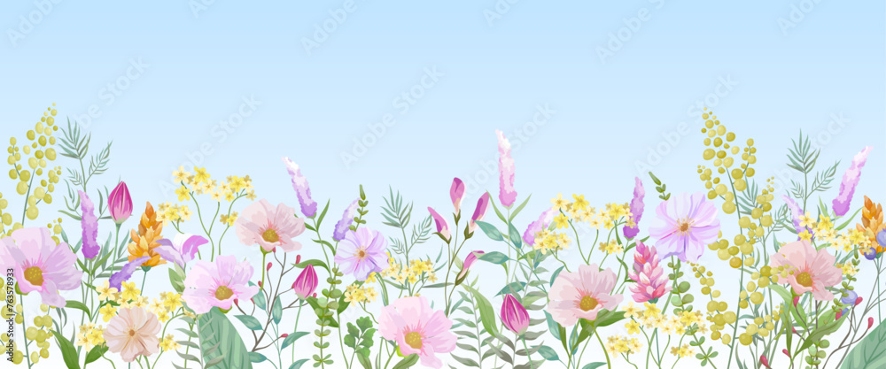 Blooming botanical flowers border frame. Yellow, pink and purple wild flower on sky background.Colorful garden. vector illustration.