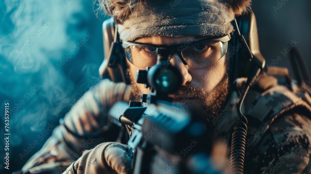 A close up of a man with glasses aiming at something, AI