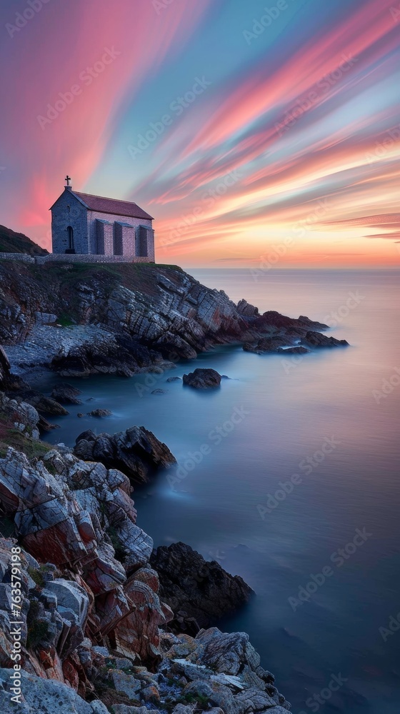 Serene sunset at coastal chapel