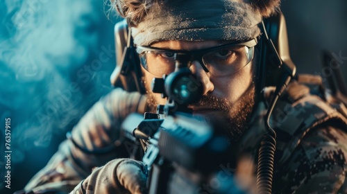 A close up of a man with glasses aiming at something, AI photo