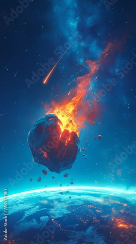 Fiery asteroid approaching earth against starry sky