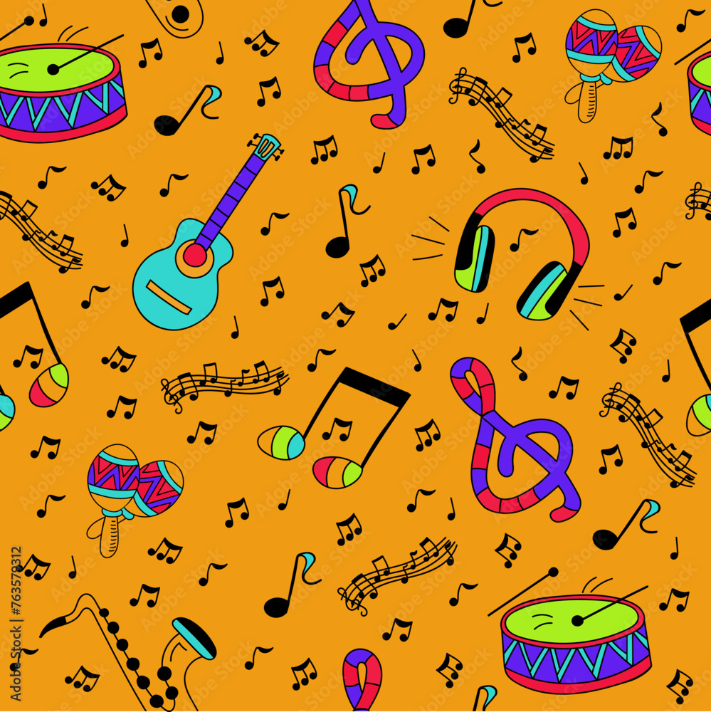 Hand drawn seamless pattern with musical elements. Musical tools und notes. Vector illustration Hand drawn seamless pattern with musical elements. Musical tools und notes. Vector illustration