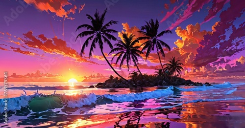 The tropical sky takes on an enchanted quality as the sun sets, with vivid clouds reflected upon the ocean's surface. Palms stand as silent witnesses to the day's end. AI generation © Anastasiia