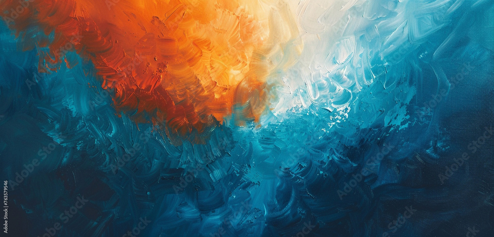 A super sharp, vivid abstract expression, capturing the clash between sun-kissed orange and cool, misty blue in a cinematic frame