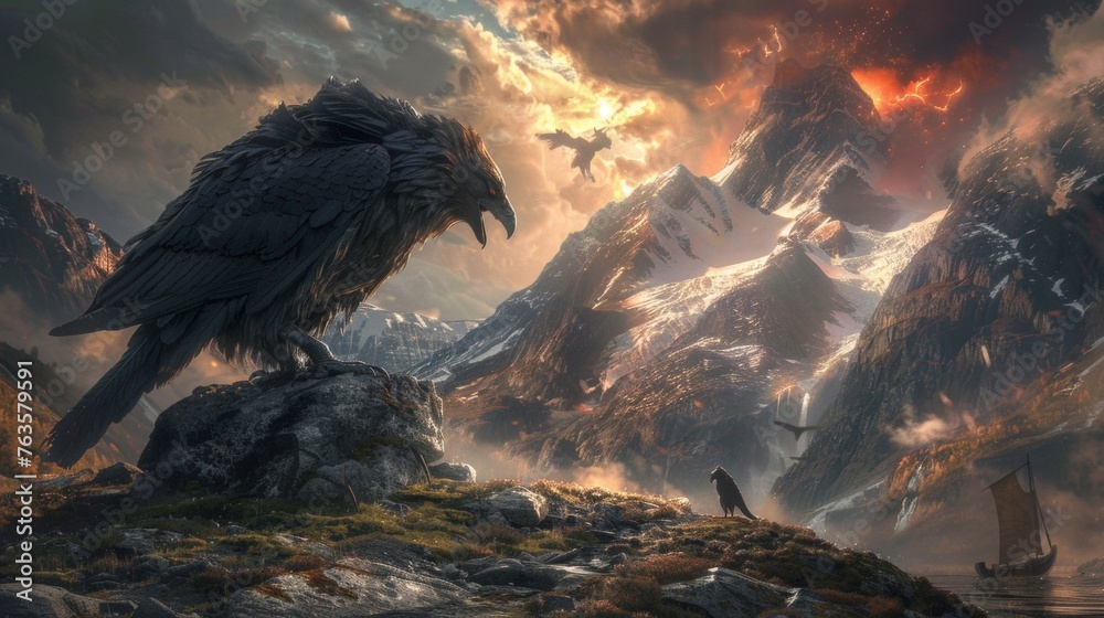 Naklejka premium A large bird on a rock in front of mountains and water, AI