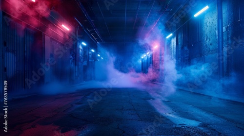 Mysterious foggy alley with neon lights