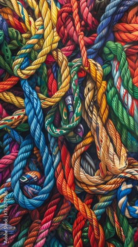 Colorful assortment of entangled ropes