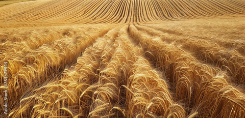 A vast wheat field, waves of golden stalks contrasted against the rich brown soil, ready for harvest