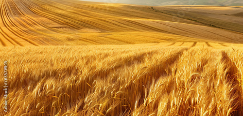 A vast wheat field, waves of golden stalks contrasted against the rich brown soil, ready for harvest