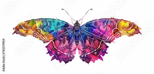 A vibrant butterfly with outstretched wings, its patterns rendered in a kaleidoscope of colorful inks, isolated on white background