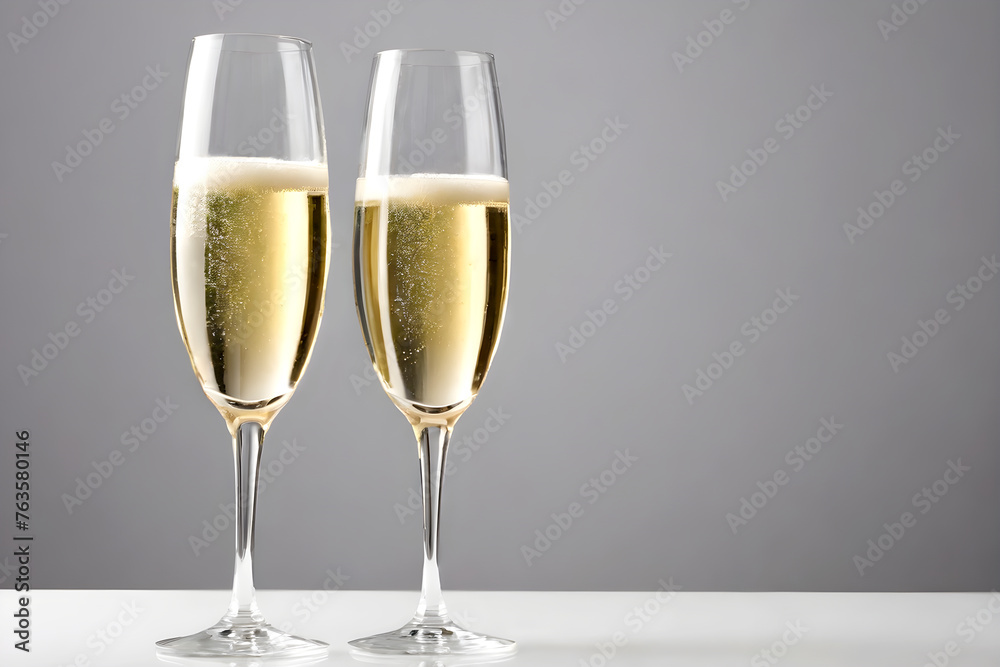 Two glasses of champagne on grey background for wedding invitation, copy space for greeting cards, web Two glasses of champagne on grey background for wedding invitation, copy space for greeting cards, web