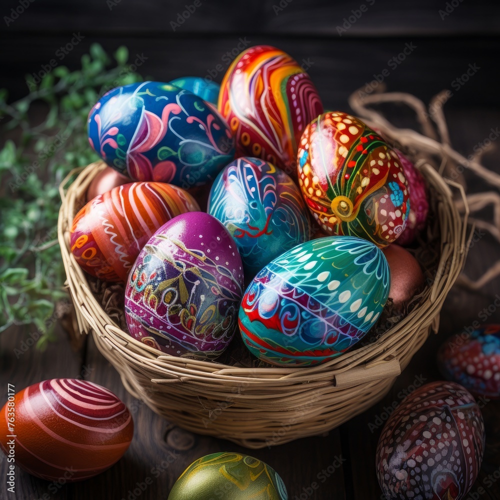 easter eggs in a basket with colorful happy colors easter eggs in a basket with colorful happy colors