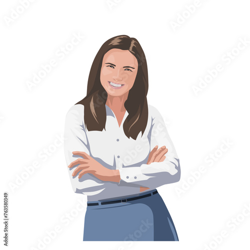 Business woman smiling and standing with folded arms, isolated realistic vector illustration