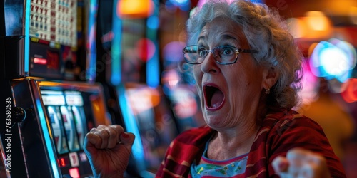 A shocked surprised woman after winning a slot machine at a casino