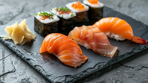 A sushi set featuring sashimi and sushi rolls elegantly served on a stone slate, creating a visually appealing presentation.