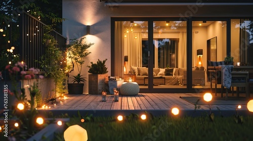 A serene summer evening scene unfolds on the patio of a picturesque suburban house, where twinkling lights illuminate the lush garden, creating a magical ambiance.