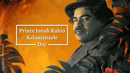 banner of Prince Jonah Kuhio Kalanianaole Day on shade of orange color with leaves background. photo