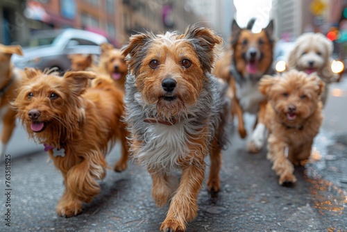 Urban dog walking: Diverse breeds roam city streets with expert handlers