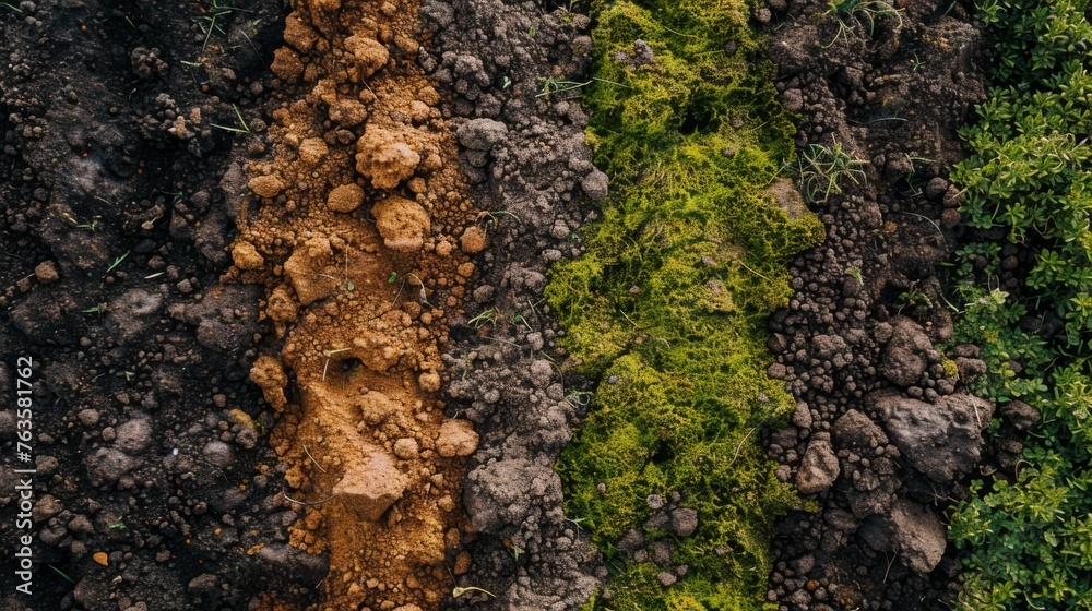 Top-Down View of Muddy Trail With Footprints and Green Moss. Generative AI Top-Down View of Muddy Trail With Footprints and Green Moss. Generative AI