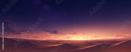Tranquil sunset over vast desert dunes under a starry sky