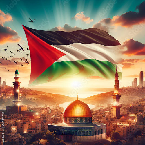 The Palestine flag with a brilliant blue sky with masjid e aqsa, palestine, free palestine,. AI Generated
