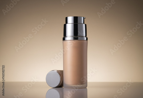 A skin care cream container presented against a neutral beige background, highlighting its sleek design. cosmetic product presentations, beauty blogs, or skincare marketing materials