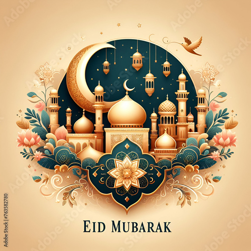 Eid Mubarak greeting Card Illustration, ramadan kareem cartoon vector Wishing for Islamic festival for banner, poster, background, flyer, for marketing post picture, Ai
 photo