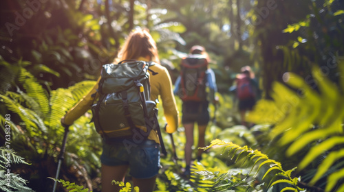 Hikers with backpacks hiking in tropical forest. Backpackers trekking in nature.