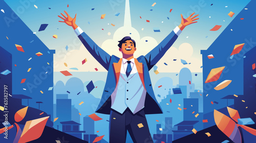 Jubilant Businessman Celebrating Success in Cityscape
