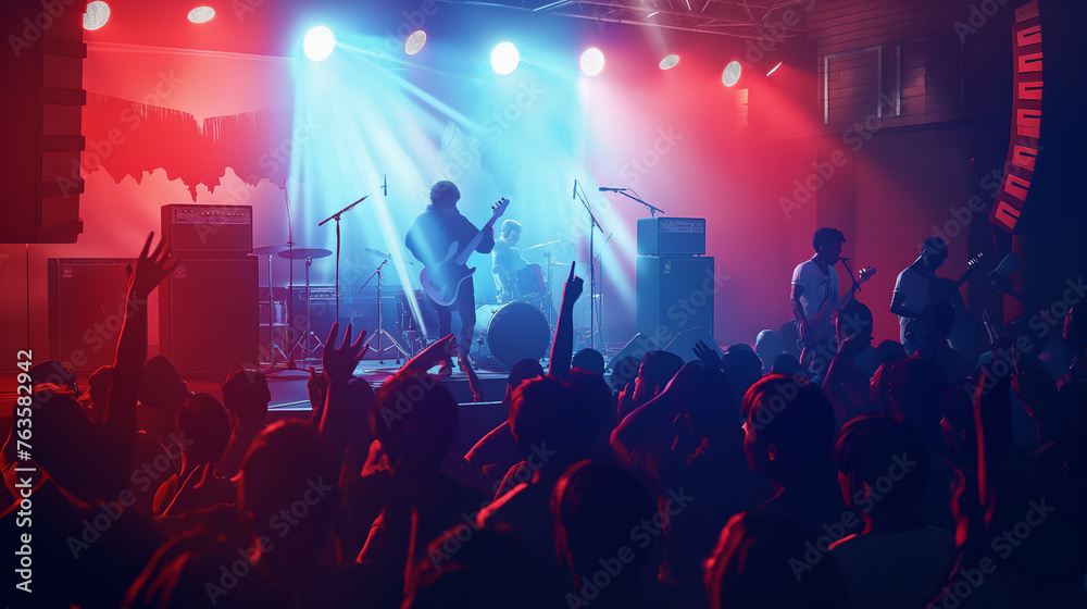 Music scene, concert stage, vibrant lighting, energetic performers, enthusiastic crowd, amplifiers, musical instruments, pulsating rhythm, immersive experience