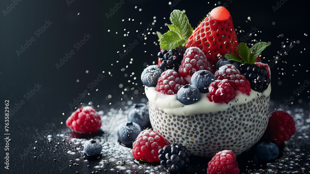 Chia seed pudding with fresh berries on black background, selective focus Chia seed pudding with fresh berries on black background, selective focus