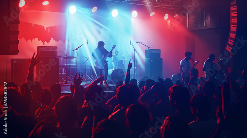 Music scene, concert stage, vibrant lighting, energetic performers, enthusiastic crowd, amplifiers, musical instruments, pulsating rhythm, immersive experience