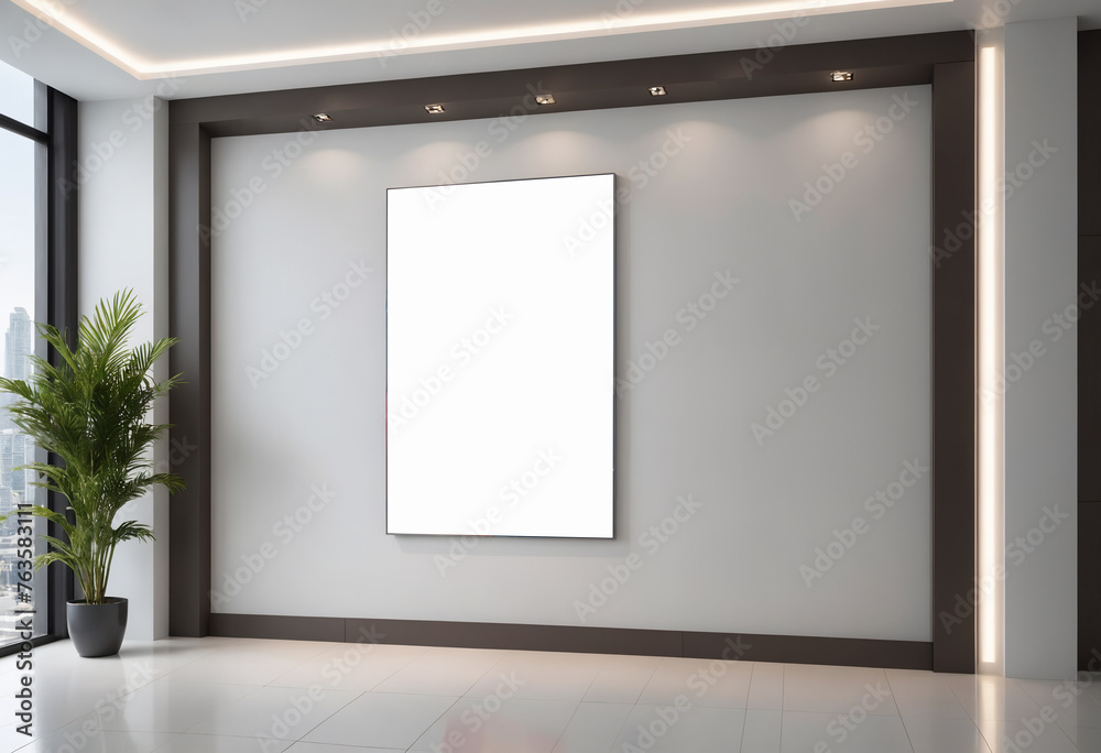 A big white canvas in a minimalist room. Picture frame mockup A big white canvas in a minimalist room. Picture frame mockup