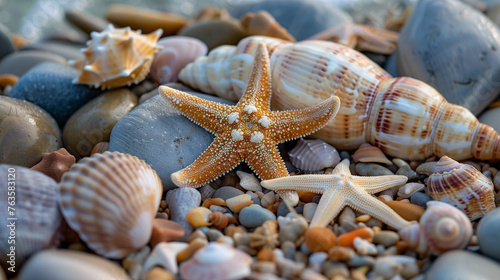 Starfish and seashells on the beach. Selective focus.