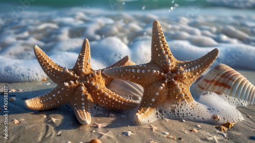 Starfish and seashells on the beach in the summer.