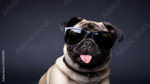 A cheerful portrait of a pug dog in black sunglasses with a collar and tongue sticking out, posing merrily in the studio on a dark background. A place to copy, a place for text. A cheerful dog © Nonna