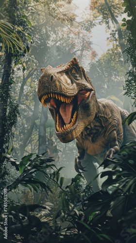 Roaring t-rex in misty jungle © Denys