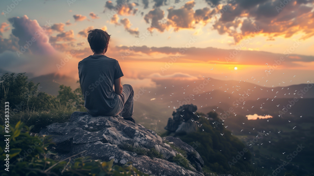 Obraz premium Young man sitting on a rock and looking at the sunset in the mountains