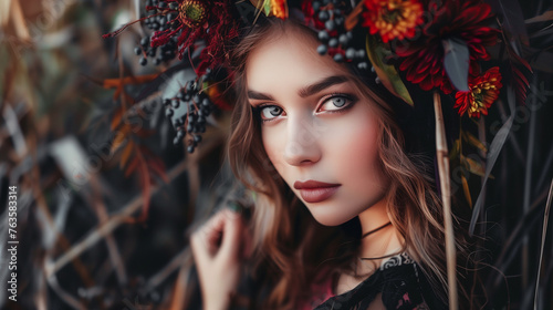 Beautiful young woman in a wreath of flowers. Portrait of a girl with bright makeup.