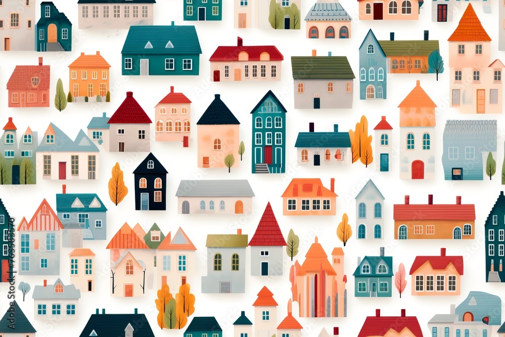 Watercolor cityscape, houses seamless pattern. Can be used for printing on fabric, wallpaper, wrapping paper