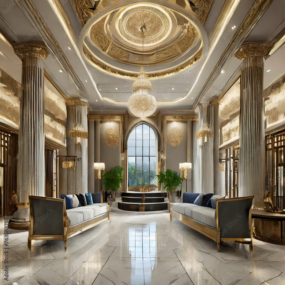 3d render of luxury hotel lobby reception entrance hall