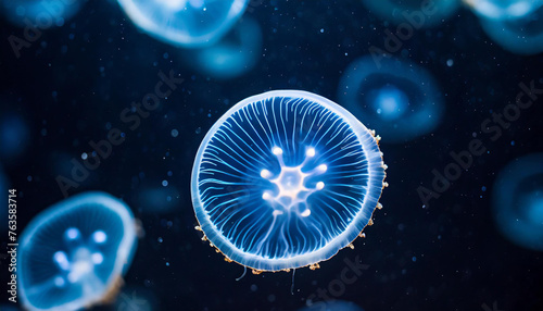 A blue jellyfish with a glowing blue center. The jellyfish is surrounded by other jellyfish, creating a sense of depth and movement